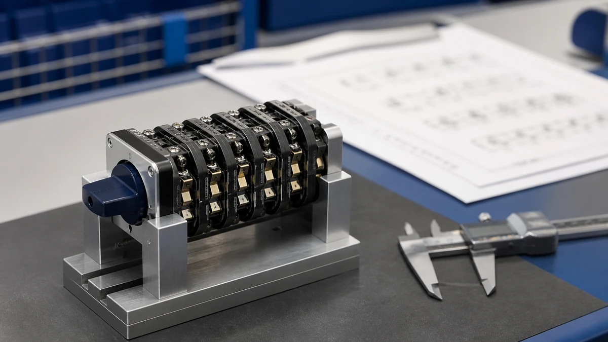 Unbranded rotary cam switch sample at a quality-control inspection bench with non-readable drawing and measuring tools