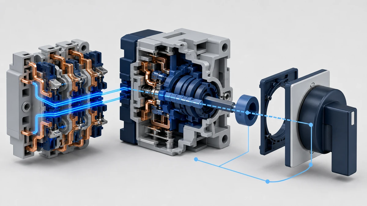 Technical anatomy view of an unbranded rotary cam switch showing relevant mounting and connection interfaces