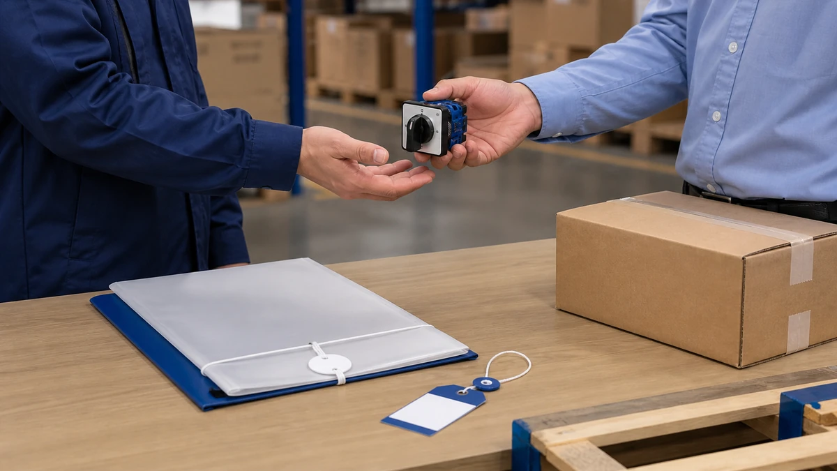 Unbranded rotary cam switch sample, document folder and protective export packing prepared for handover
