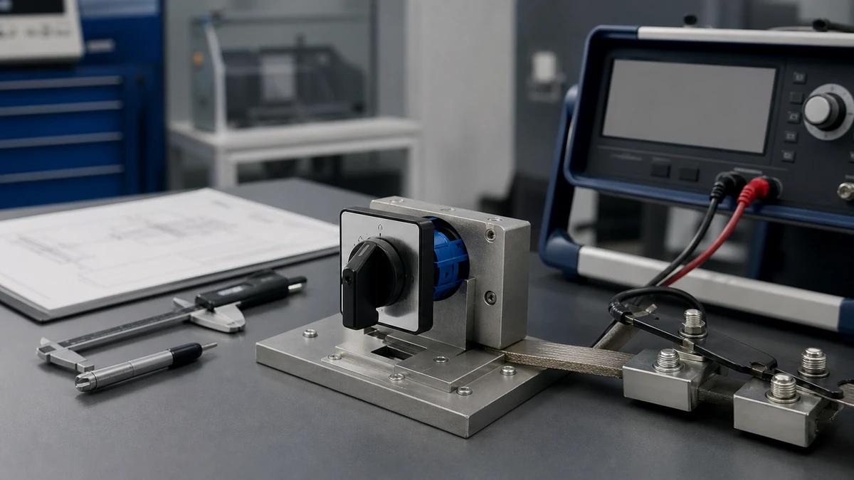 Unbranded rotary cam switch sample at a quality-control inspection bench with non-readable drawing and measuring tools