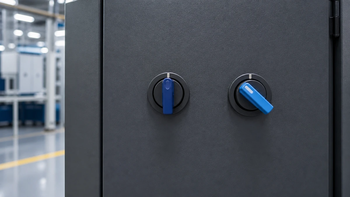 Unbranded push button, selector switch or emergency-stop operator used in a realistic industrial application context
