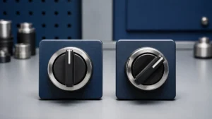 Unbranded push button, selector switch or emergency-stop operator sample reviewed in an industrial engineering environment
