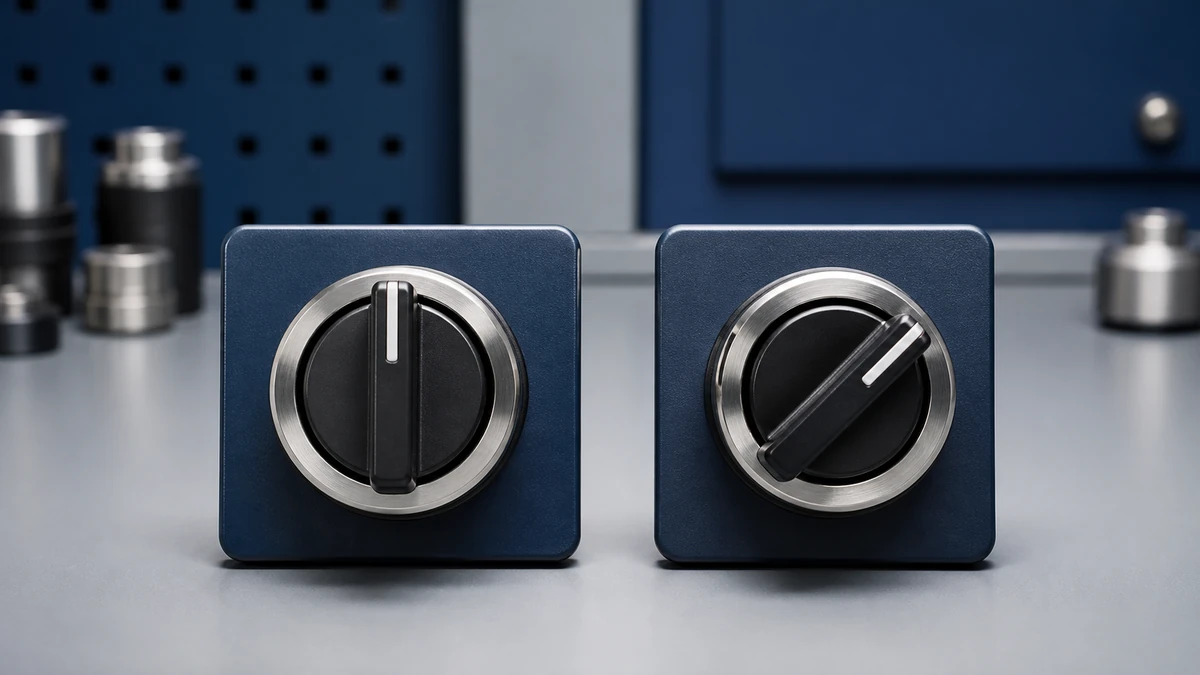 Unbranded push button, selector switch or emergency-stop operator sample reviewed in an industrial engineering environment