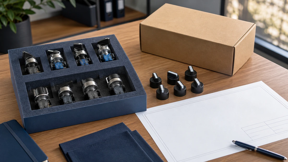 Unbranded push button, selector switch or emergency-stop operator sample, document folder and protective export packing prepared for handover