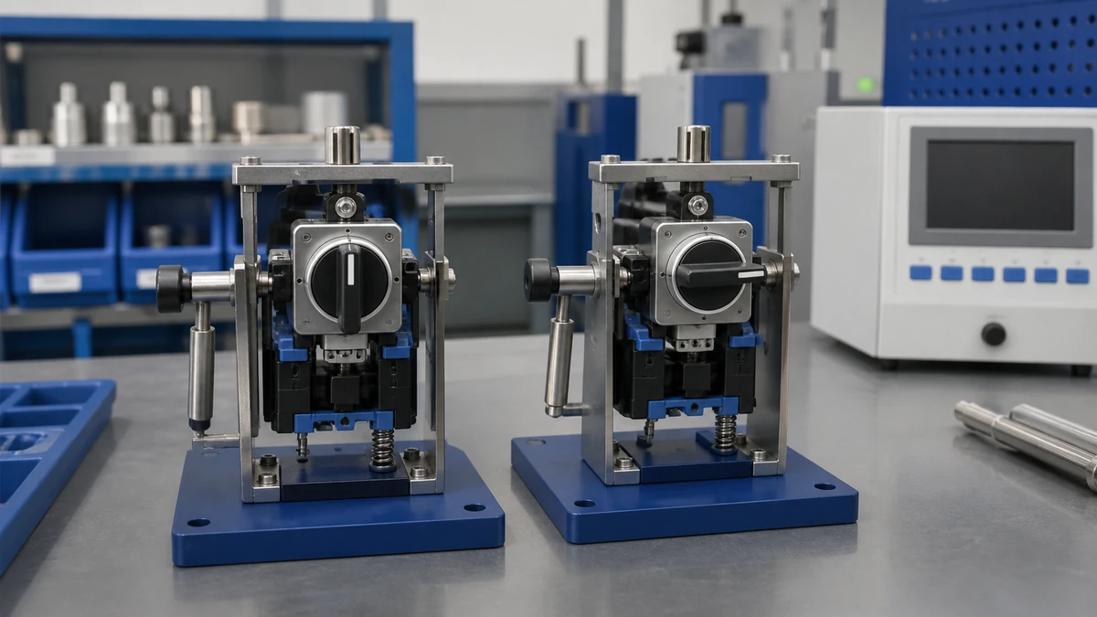 Unbranded push button, selector switch or emergency-stop operator sample at a quality-control inspection bench with non-readable drawing and measuring tools