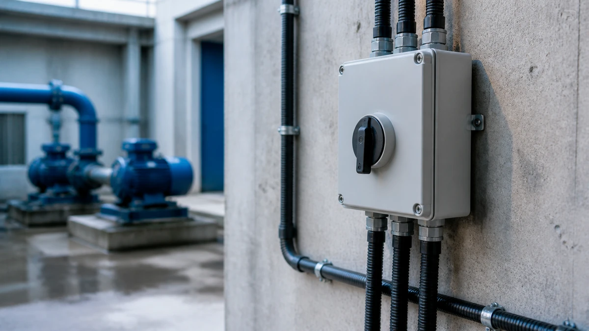 Unbranded weatherproof isolator switch box used in a realistic industrial application context