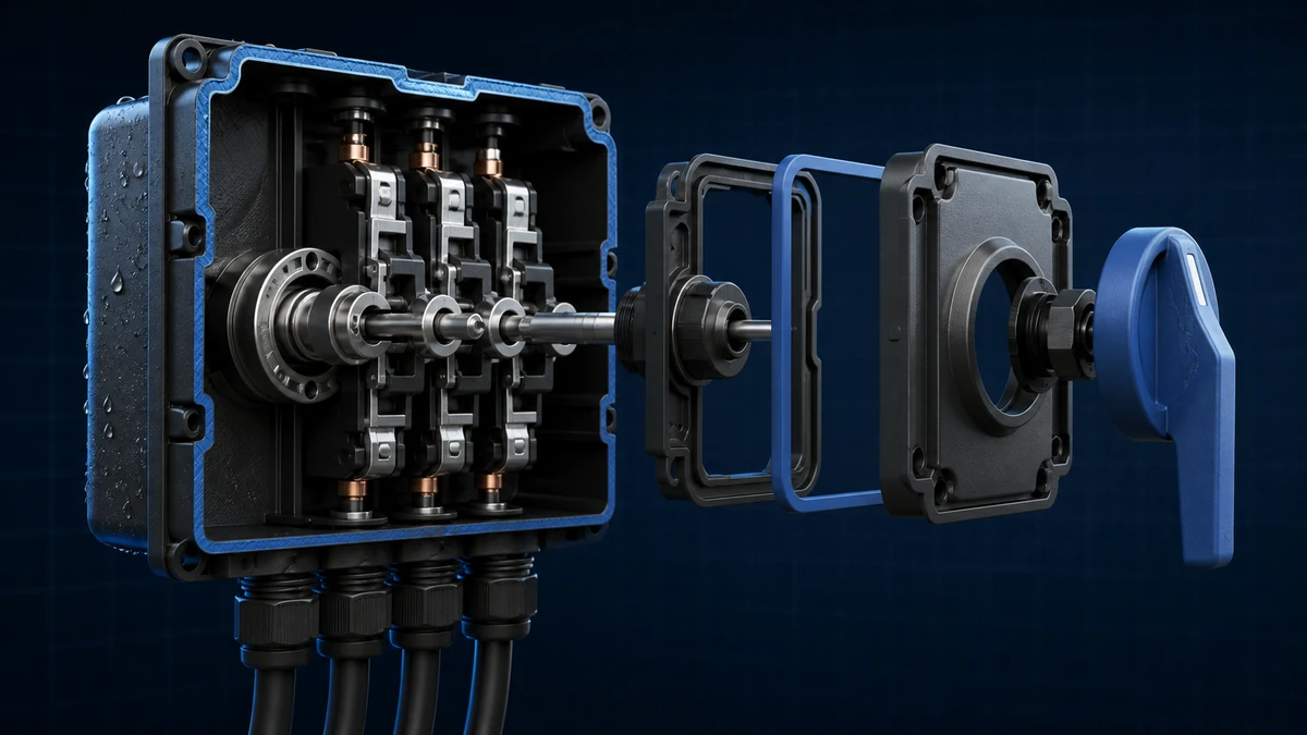 Technical anatomy view of an unbranded weatherproof isolator switch box showing relevant mounting and connection interfaces