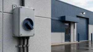 Unbranded weatherproof isolator switch box sample reviewed in an industrial engineering environment