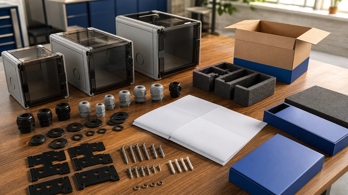 Unbranded weatherproof isolator switch box sample, document folder and protective export packing prepared for handover