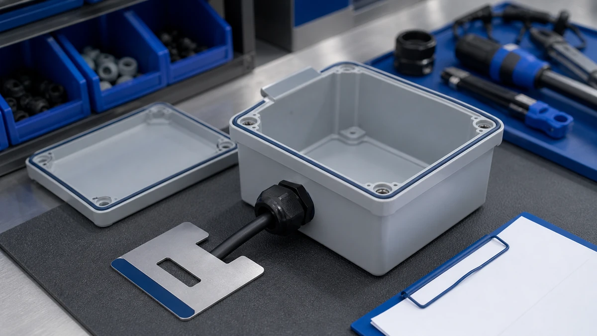 Unbranded weatherproof isolator switch box sample at a quality-control inspection bench with non-readable drawing and measuring tools