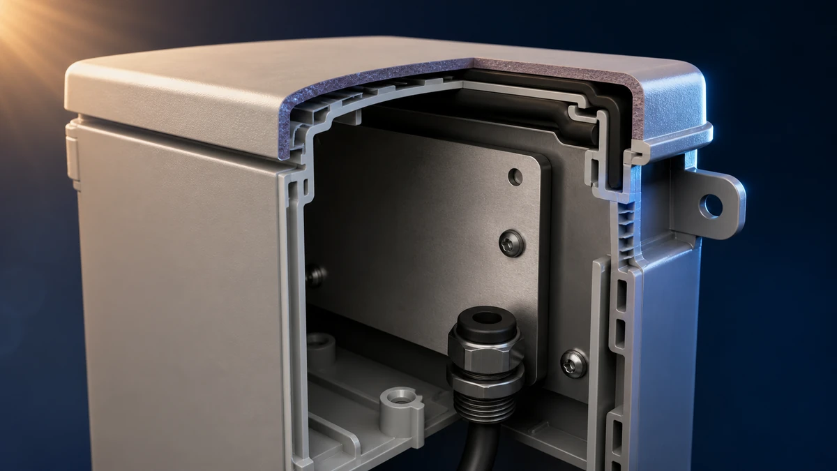 Technical anatomy view of an unbranded weatherproof isolator switch box showing relevant mounting and connection interfaces