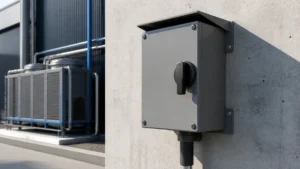 Unbranded weatherproof isolator switch box sample reviewed in an industrial engineering environment