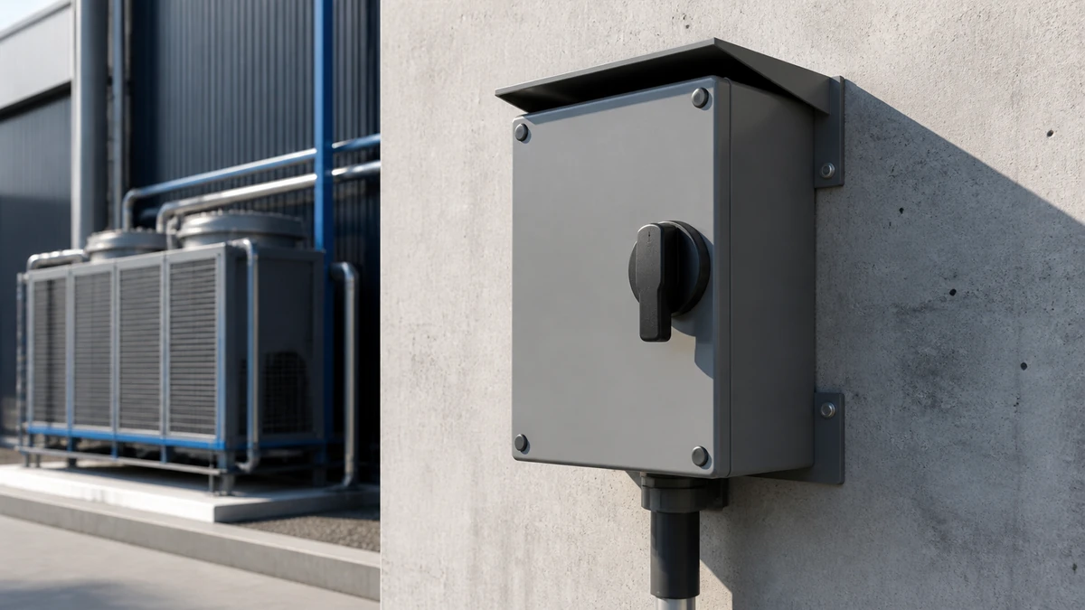 Unbranded weatherproof isolator switch box sample reviewed in an industrial engineering environment