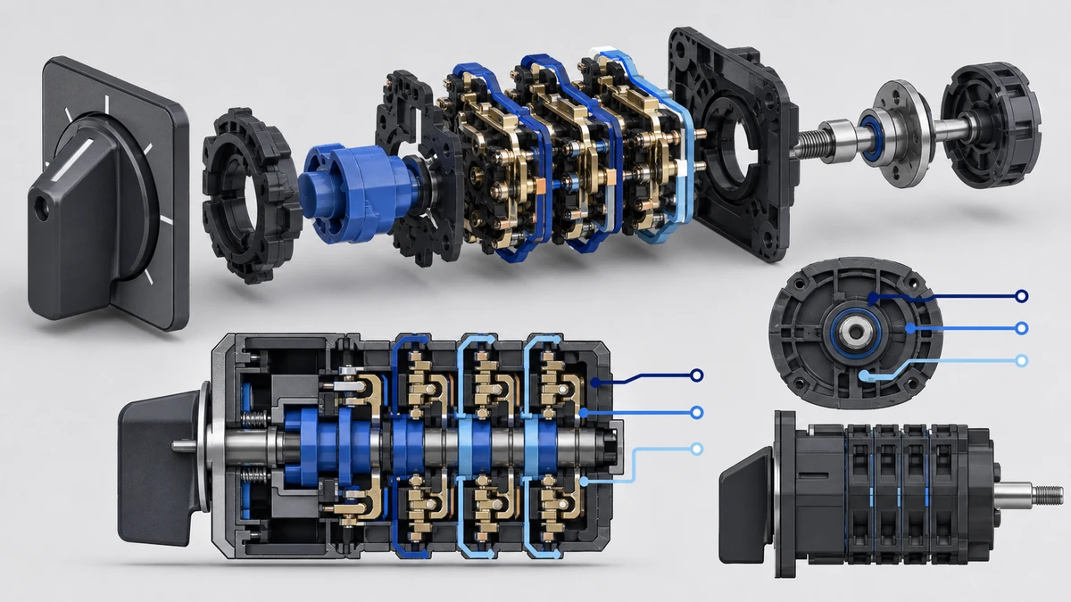 Technical anatomy view of an unbranded rotary cam switch showing relevant mounting and connection interfaces