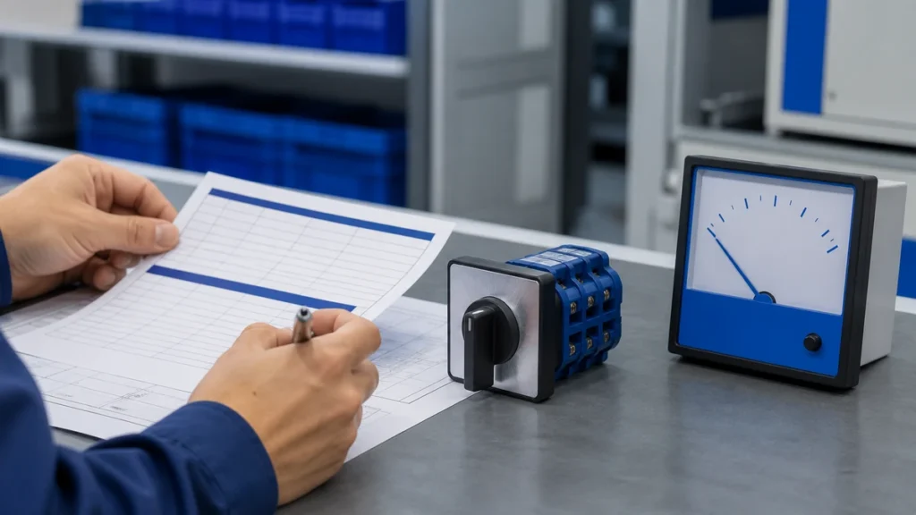 Unbranded rotary cam switch sample reviewed in an industrial engineering environment