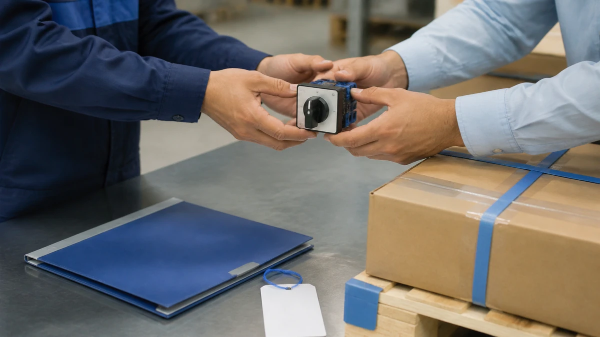 Unbranded rotary cam switch sample, document folder and protective export packing prepared for handover