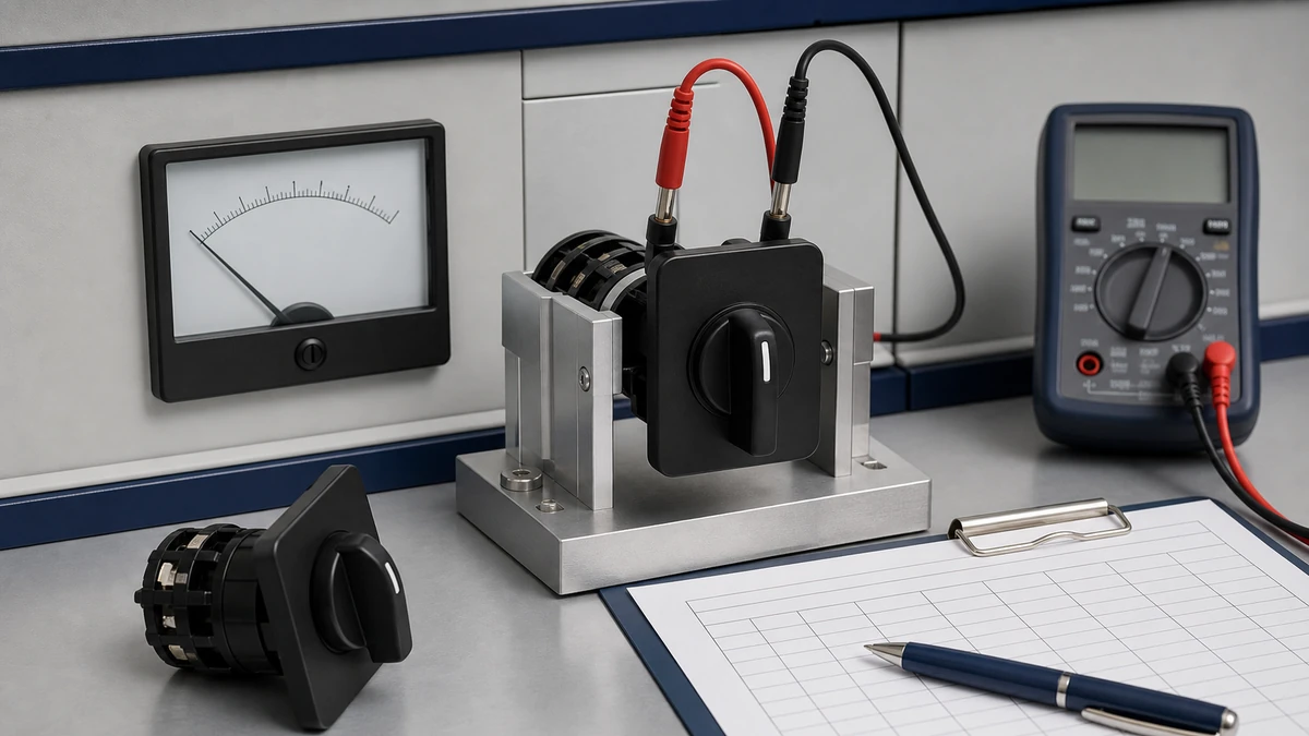 Unbranded rotary cam switch sample at a quality-control inspection bench with non-readable drawing and measuring tools