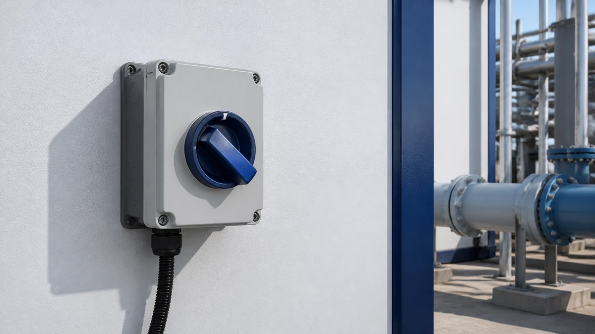 Unbranded weatherproof isolator switch box used in a realistic industrial application context