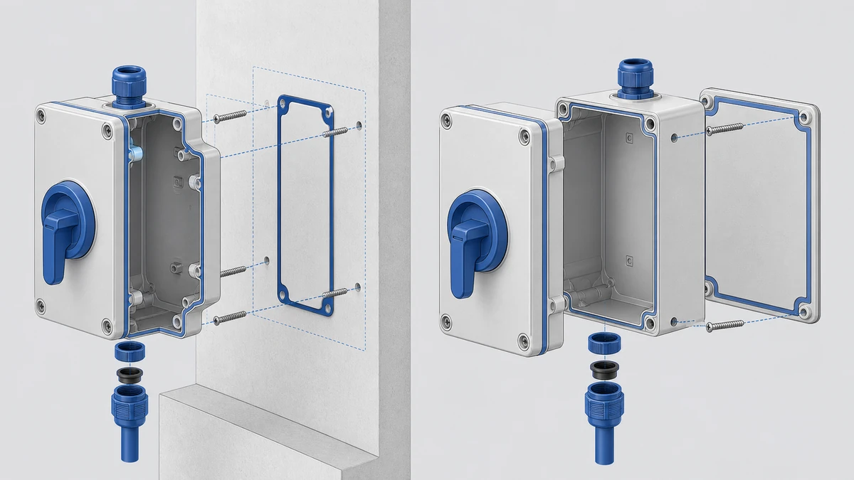 Technical anatomy view of an unbranded weatherproof isolator switch box showing relevant mounting and connection interfaces