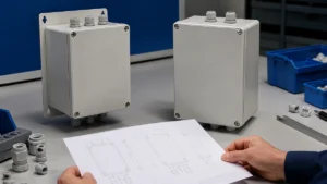 Unbranded weatherproof isolator switch box sample reviewed in an industrial engineering environment