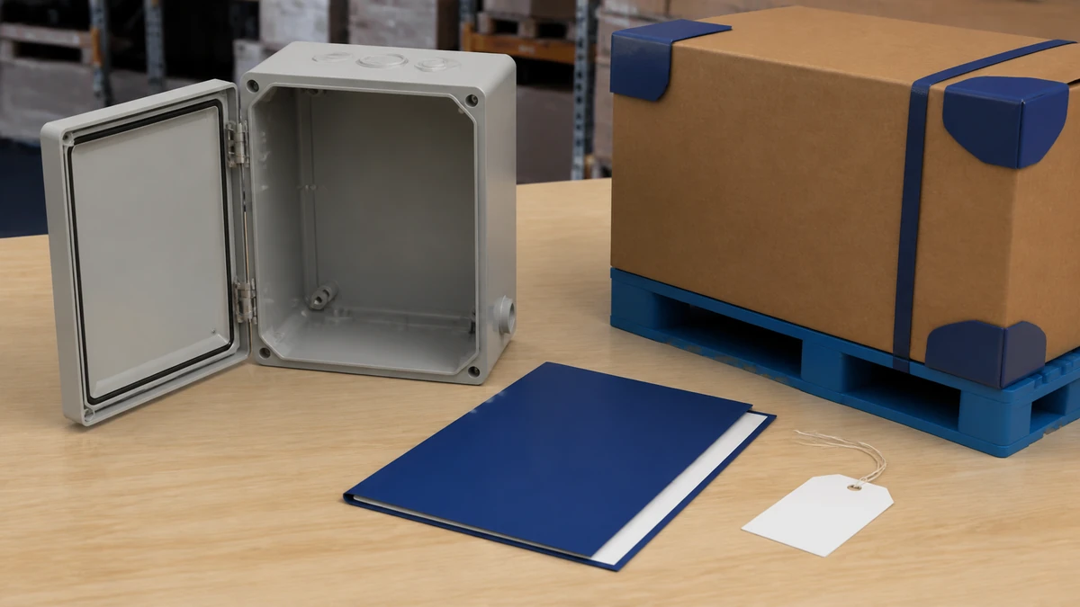Unbranded weatherproof isolator switch box sample, document folder and protective export packing prepared for handover