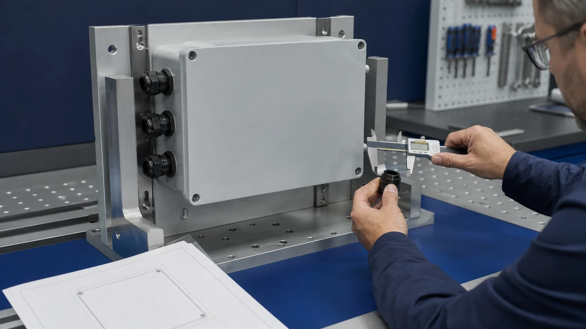 Unbranded weatherproof isolator switch box sample at a quality-control inspection bench with non-readable drawing and measuring tools