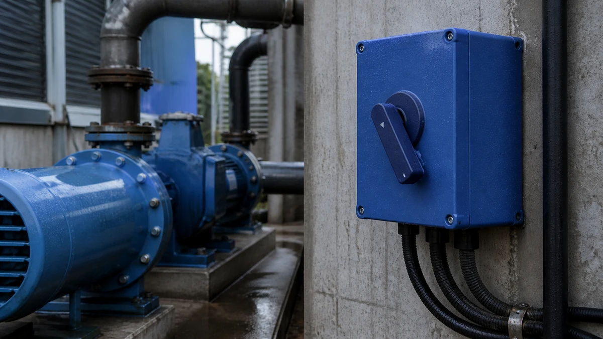 Unbranded weatherproof isolator switch box used in a realistic industrial application context