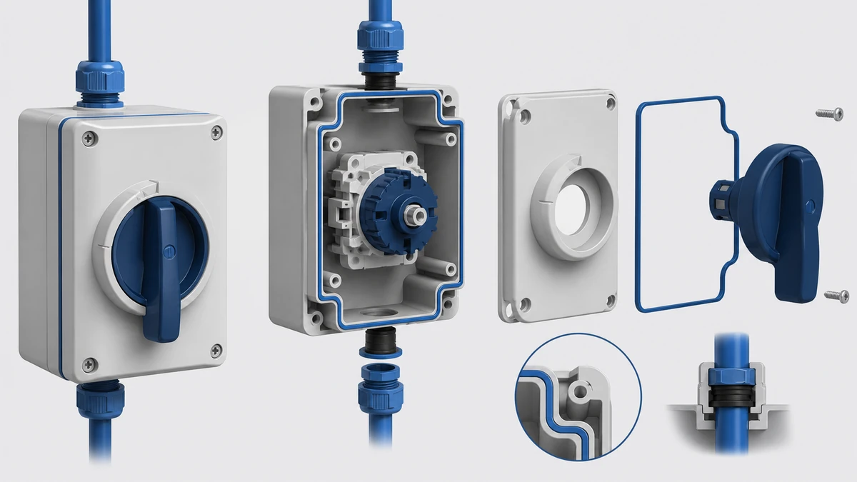 Technical anatomy view of an unbranded weatherproof isolator switch box showing relevant mounting and connection interfaces