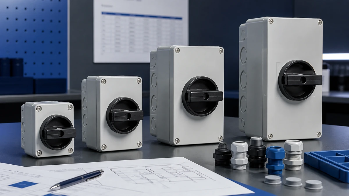 Unbranded weatherproof isolator switch box sample reviewed in an industrial engineering environment