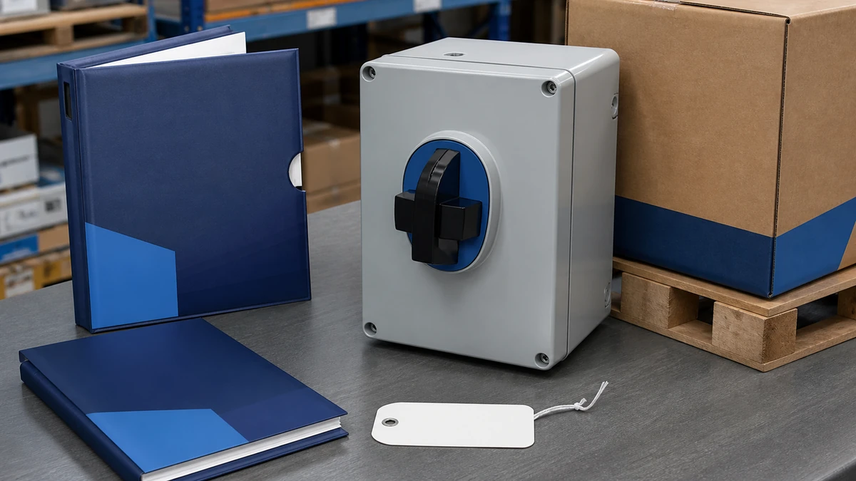 Unbranded weatherproof isolator switch box sample, document folder and protective export packing prepared for handover