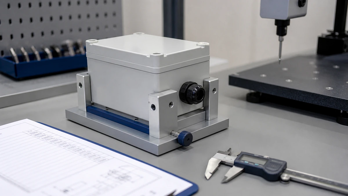 Unbranded weatherproof isolator switch box sample at a quality-control inspection bench with non-readable drawing and measuring tools