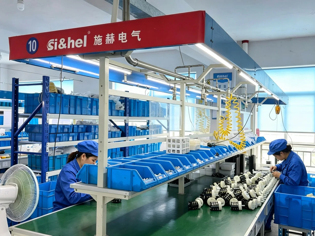 Shieldhz operators assembling rotary switch components beside organized parts bins
