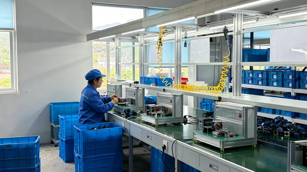 Operator checking switch components at inspection fixtures with control panels